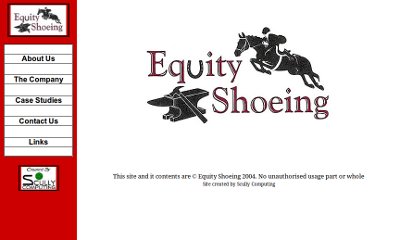 A large Equity Shoeling logo in the centre of the home page with a bold red menu bar on the left-hand side.