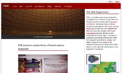 A red horizontal header contains the experiment's logo and menu bar. The area below is split into a larger content region on the left - containing a slideshow of dramatic images and the latest news items - and a smaller region on the right with a description of the experiment.